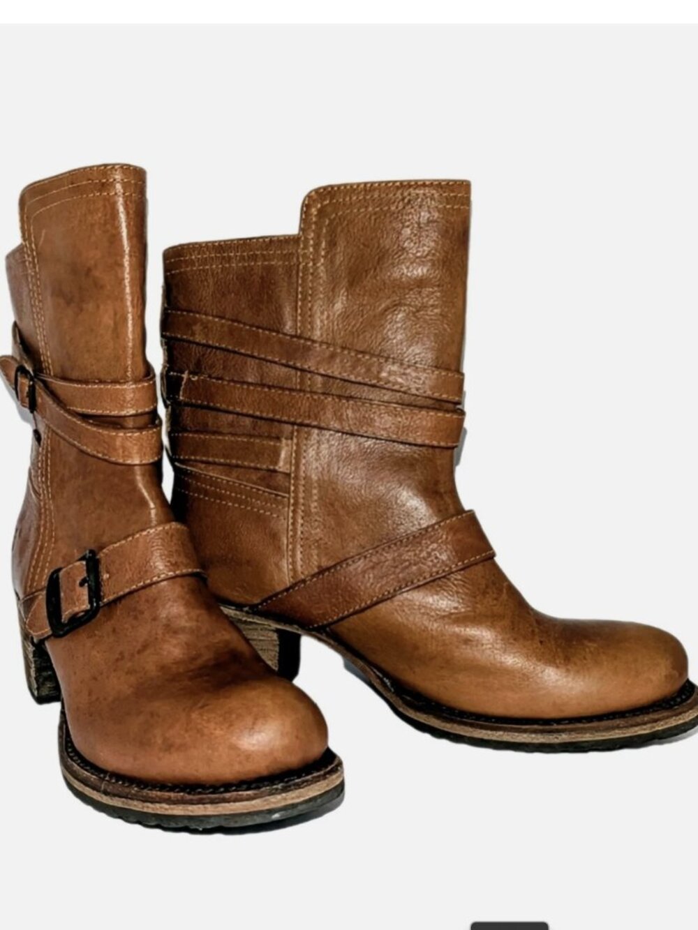 Frye Vera Short Strappy Cognac Leather Buckle Moto Block Heel Fall Riding Boots